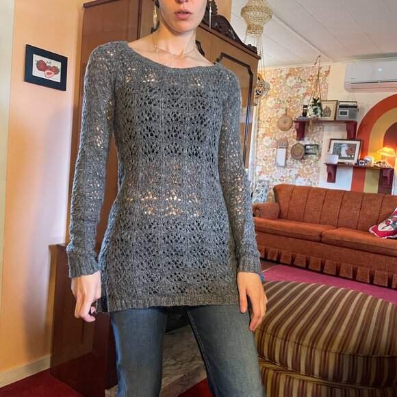 Y2K LAYERING Grey crochet knitted tunic long sleeve sweater - Picture 4 of 13